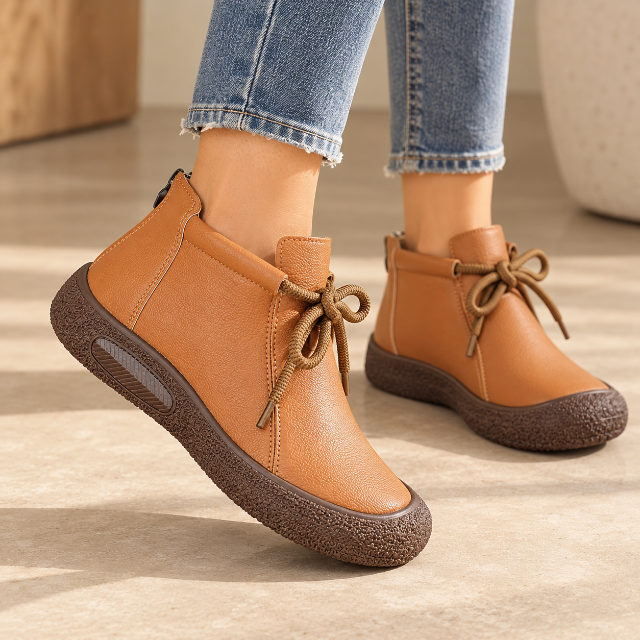 Retro Square-Toe Cowhide Ankle Boots