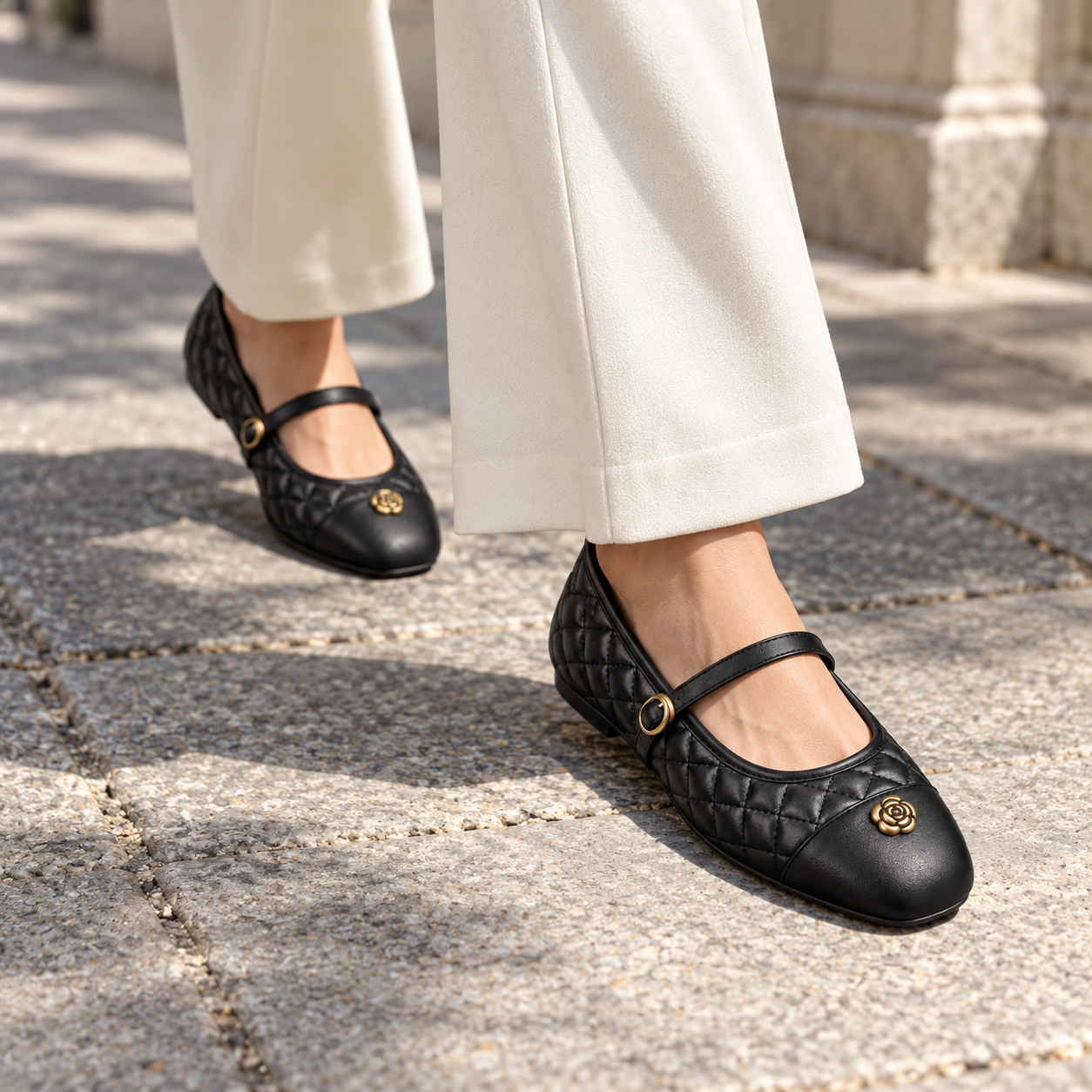 Camellia Quilted Mary Jane Flats.