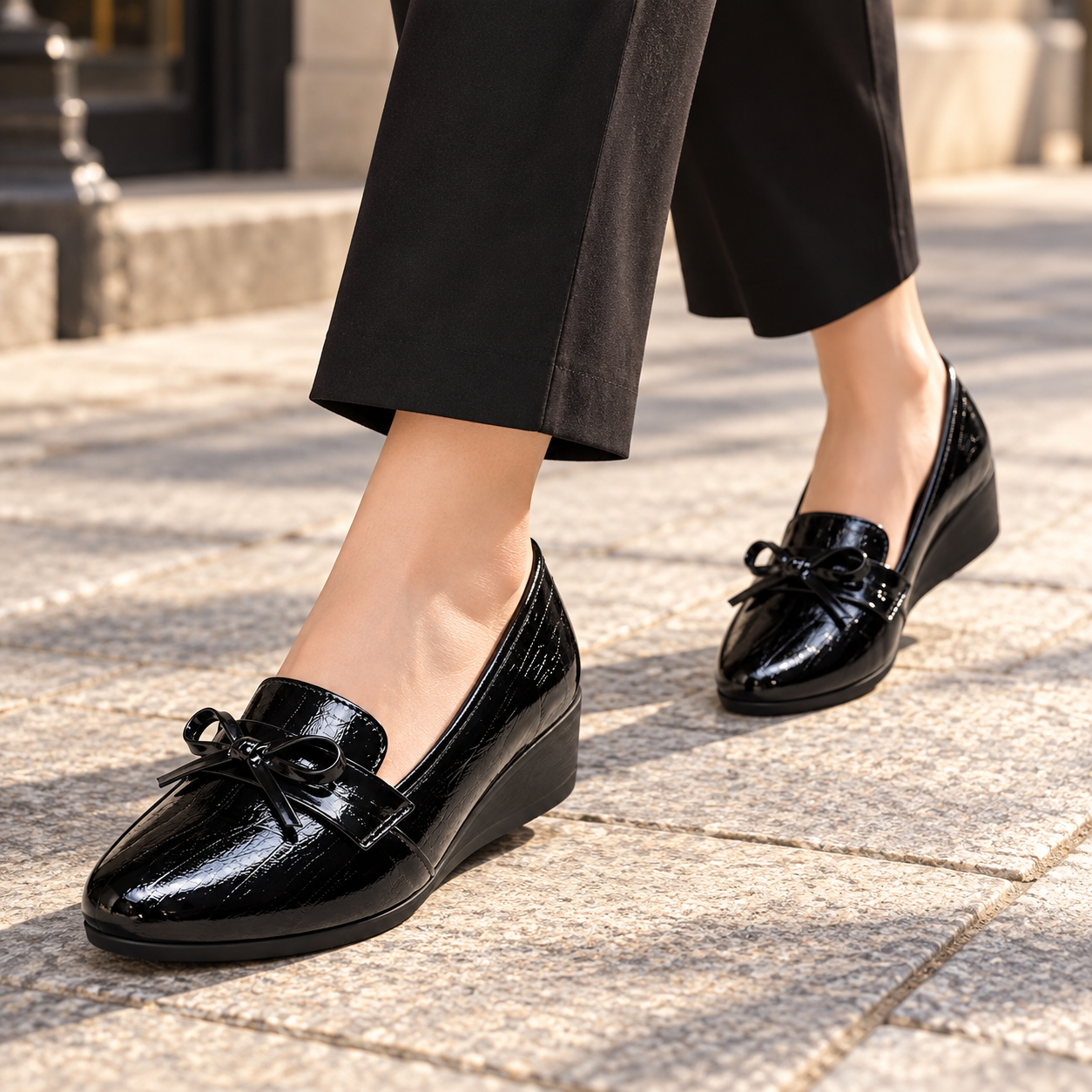 Patent Bow Wedge Loafers