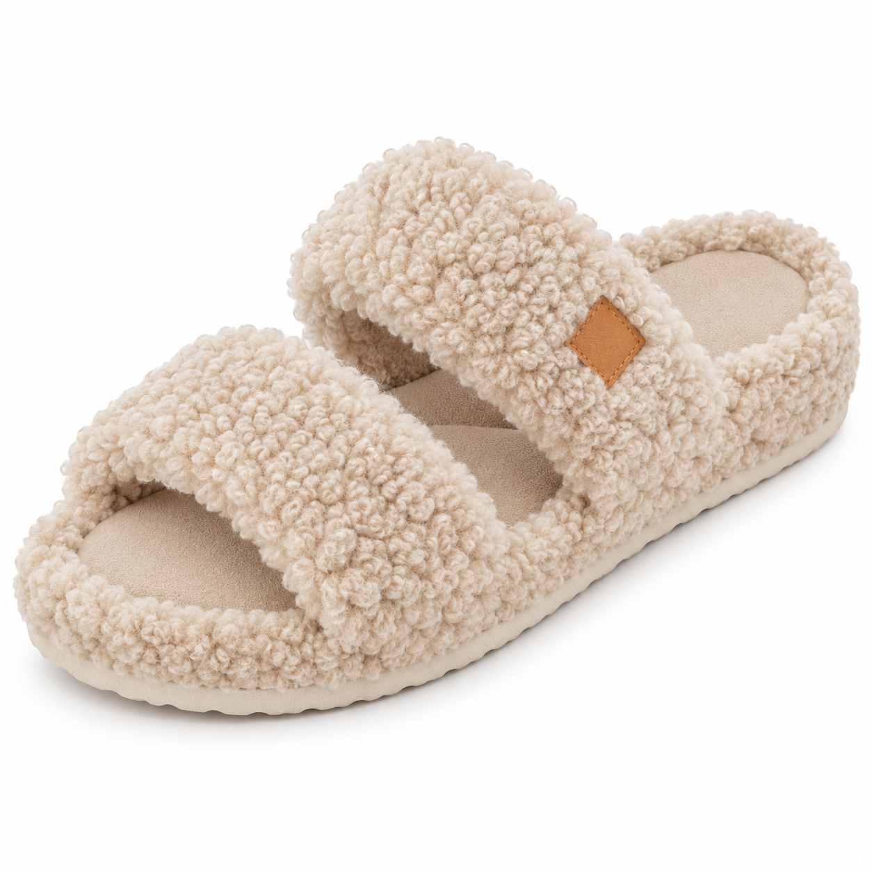 Fuzzy Double-Strap Slide Slippers