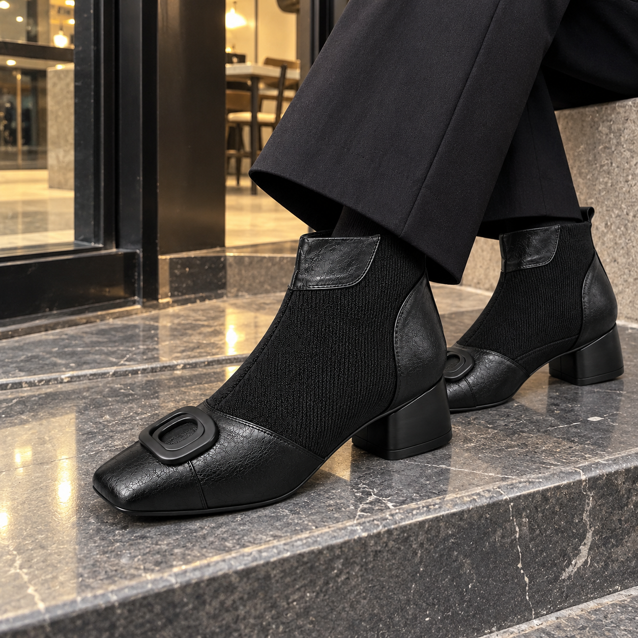 Retro Square-Buckle Block Heel Pumps