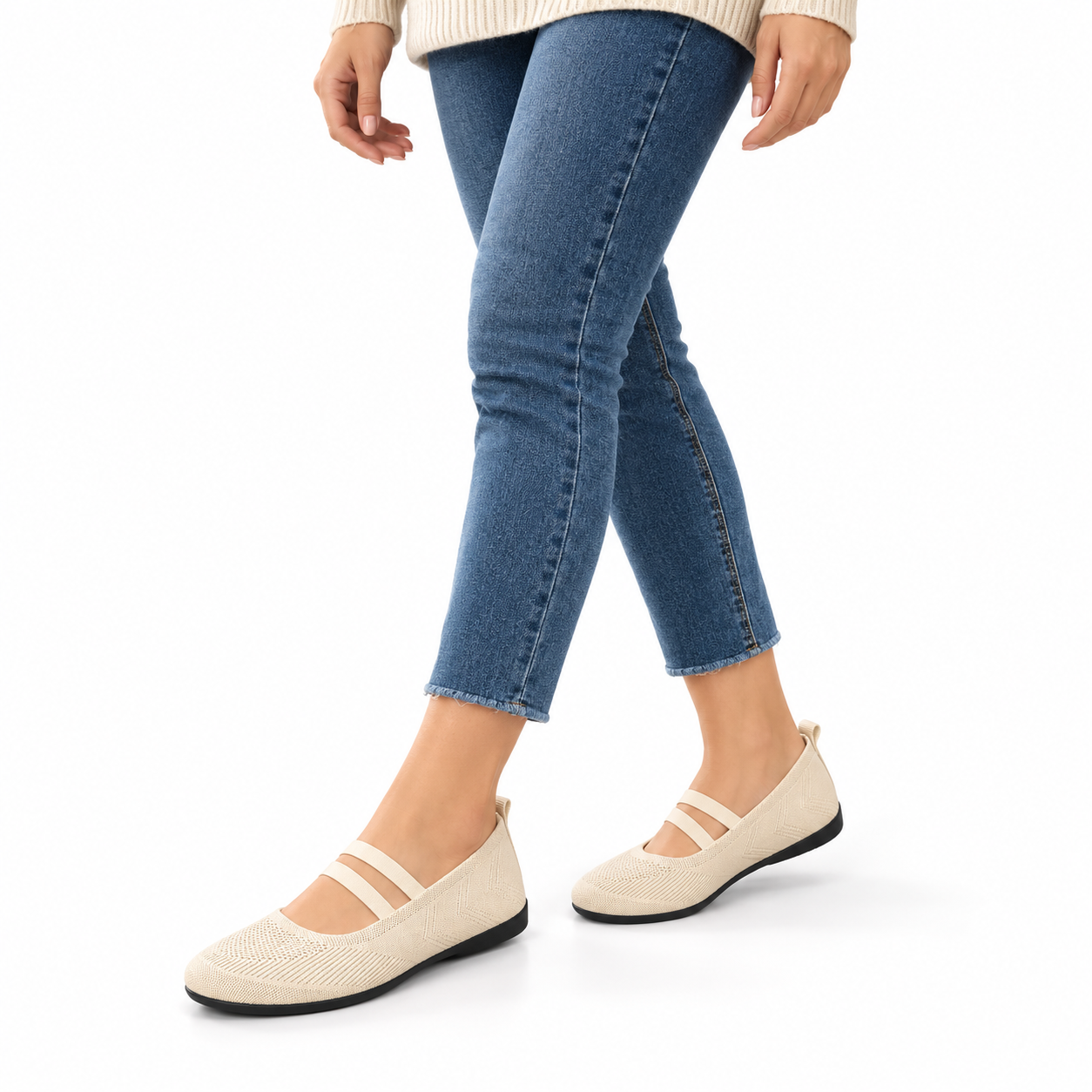 Marla Comfort - Women's Wide Toe Box Knit Mary Jane Flats, Slip-On Non-Slip Walking Shoes