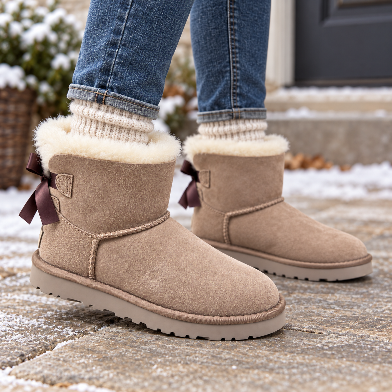Sheepskin-Lined Bow Snow Boots