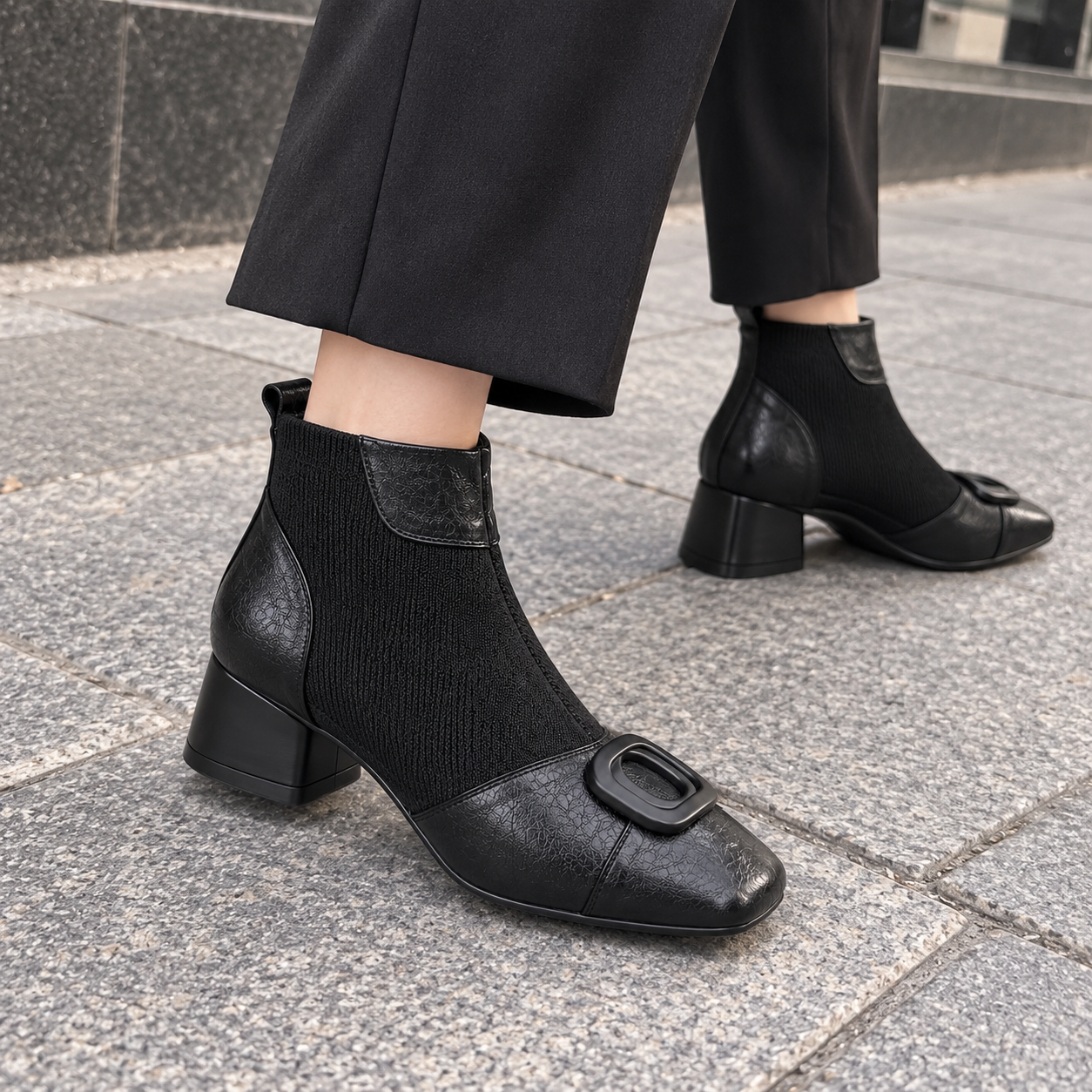 Retro Square-Buckle Block Heel Pumps