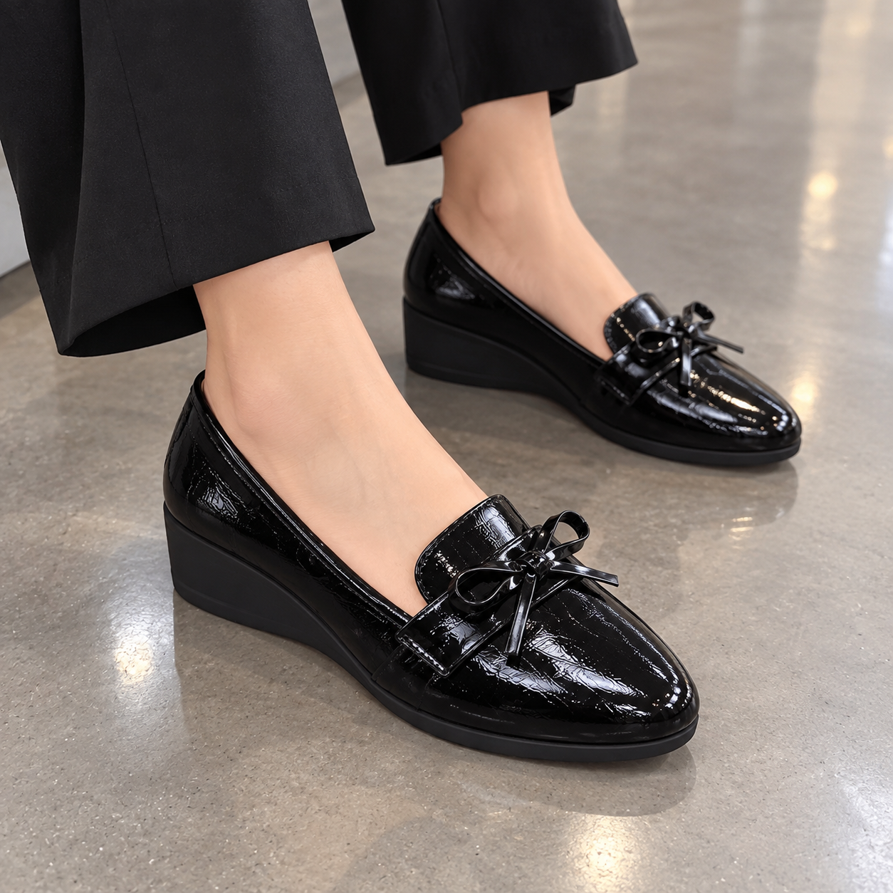 Patent Bow Wedge Loafers
