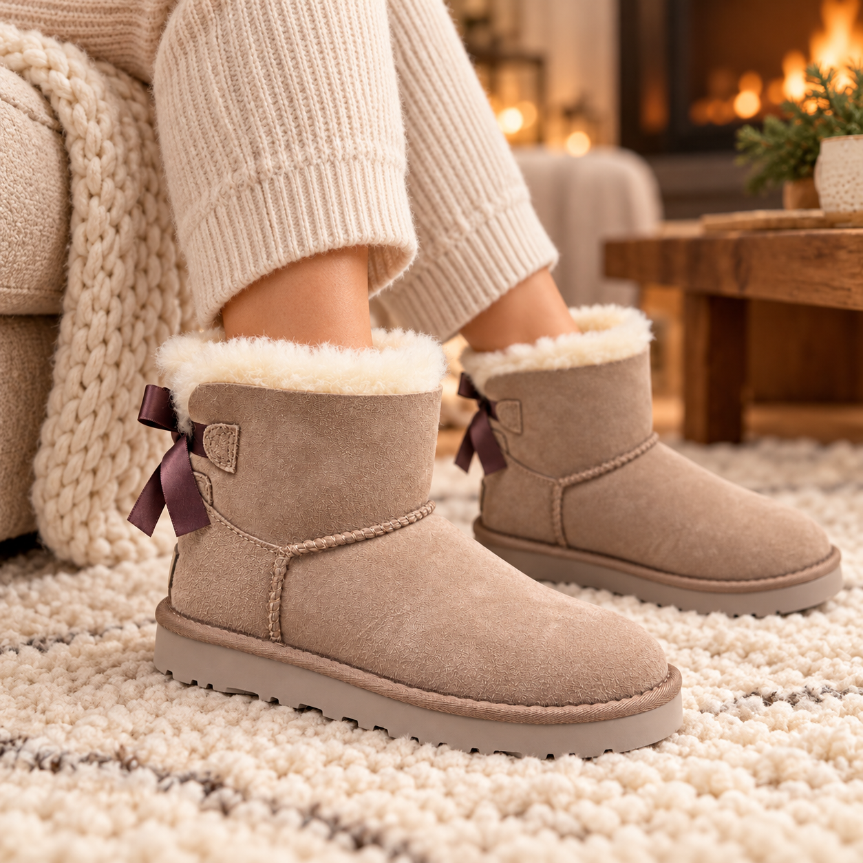 Sheepskin-Lined Bow Snow Boots