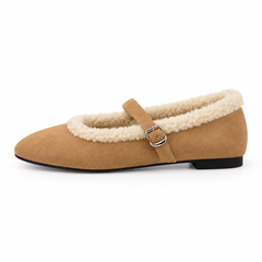 Furry Buckle Mary Jane Flats
