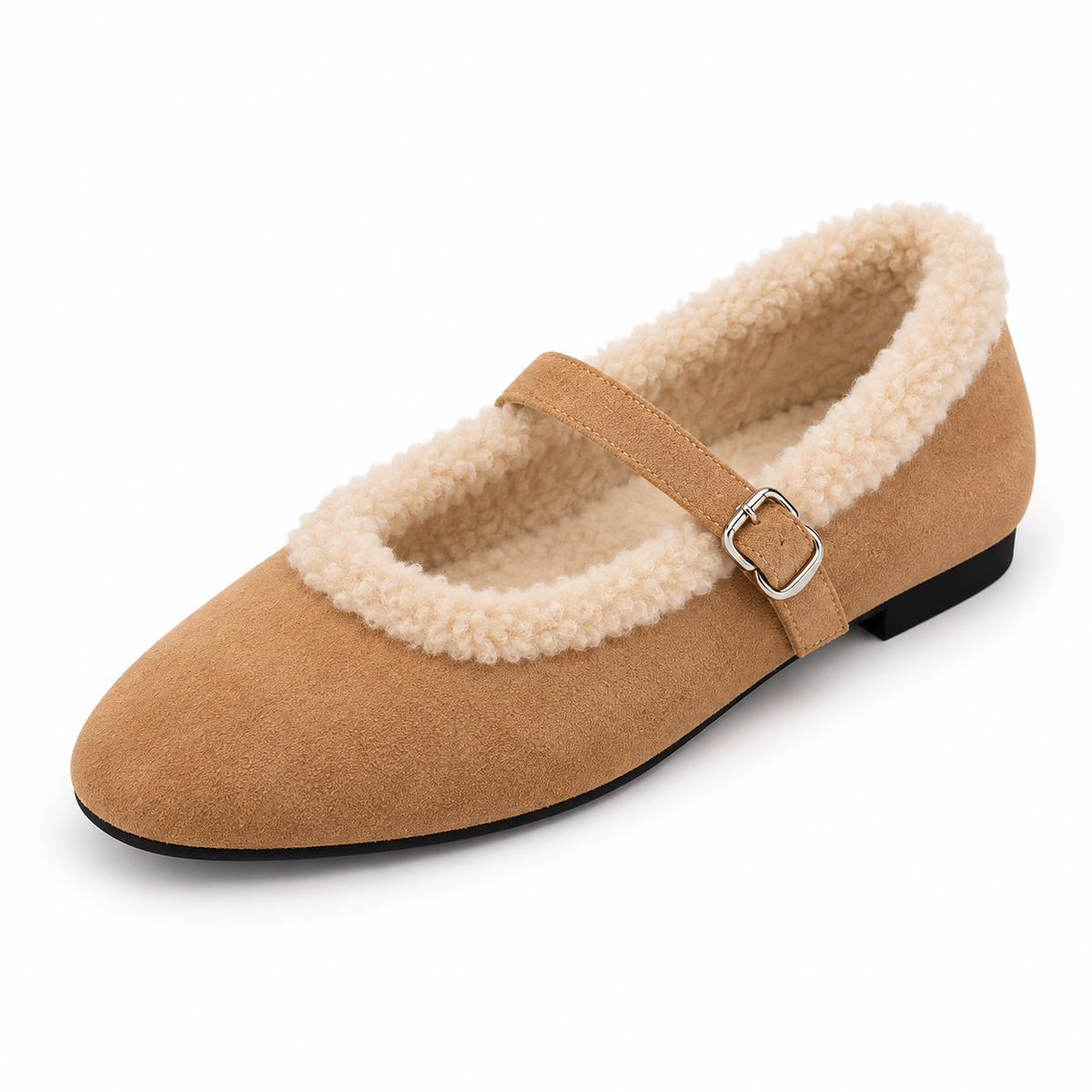 Furry Buckle Mary Jane Flats