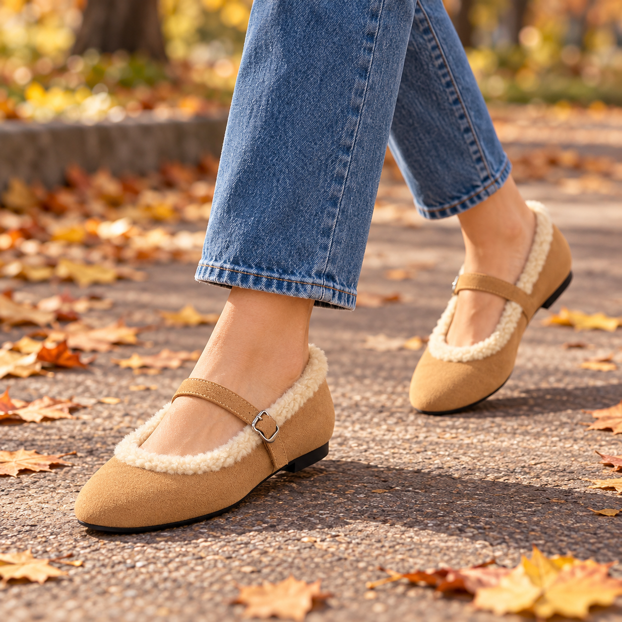 Furry Buckle Mary Jane Flats
