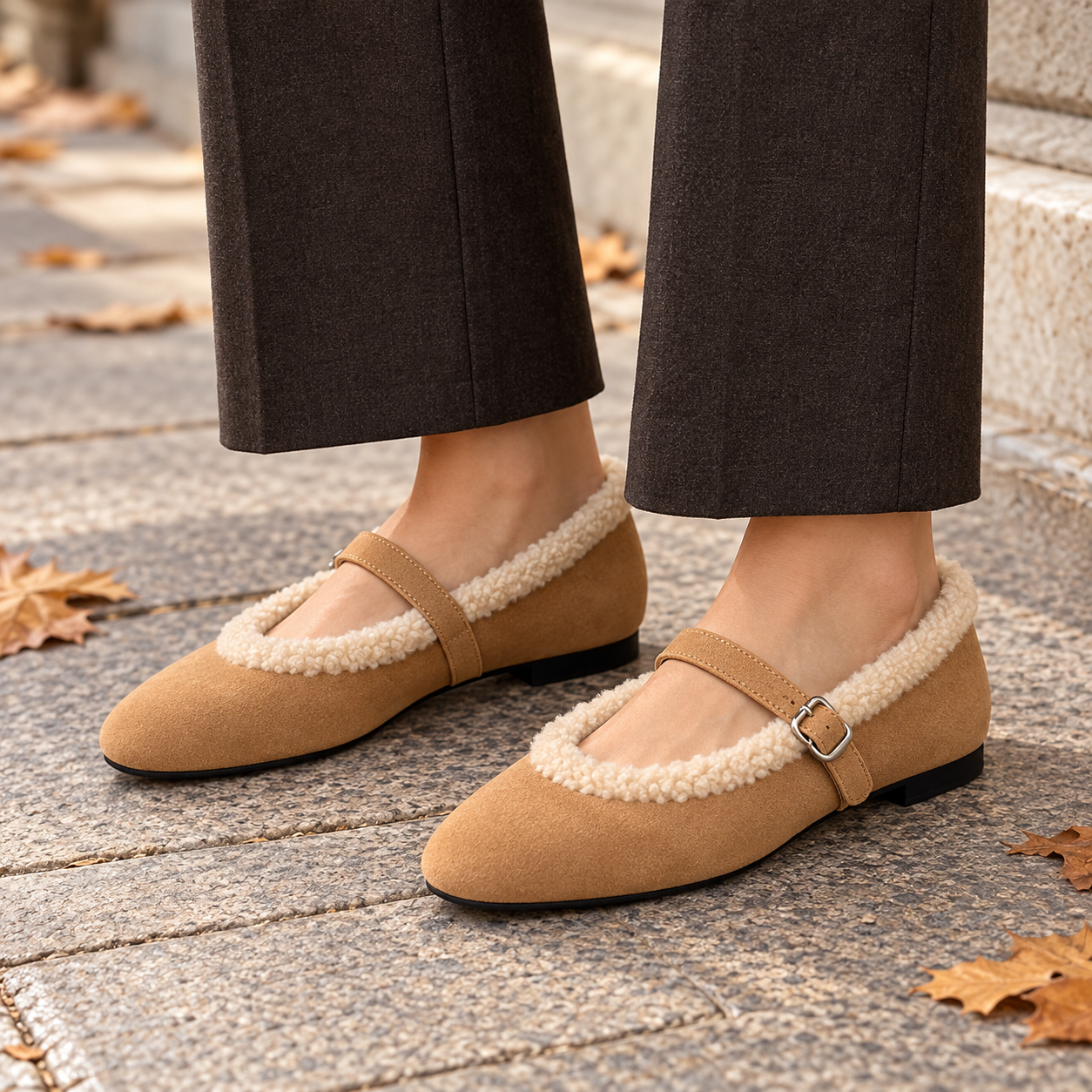 Furry Buckle Mary Jane Flats