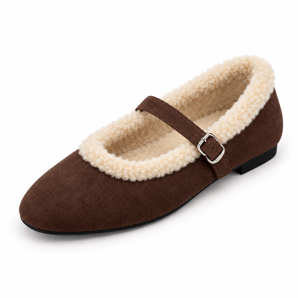 Furry Buckle Mary Jane Flats
