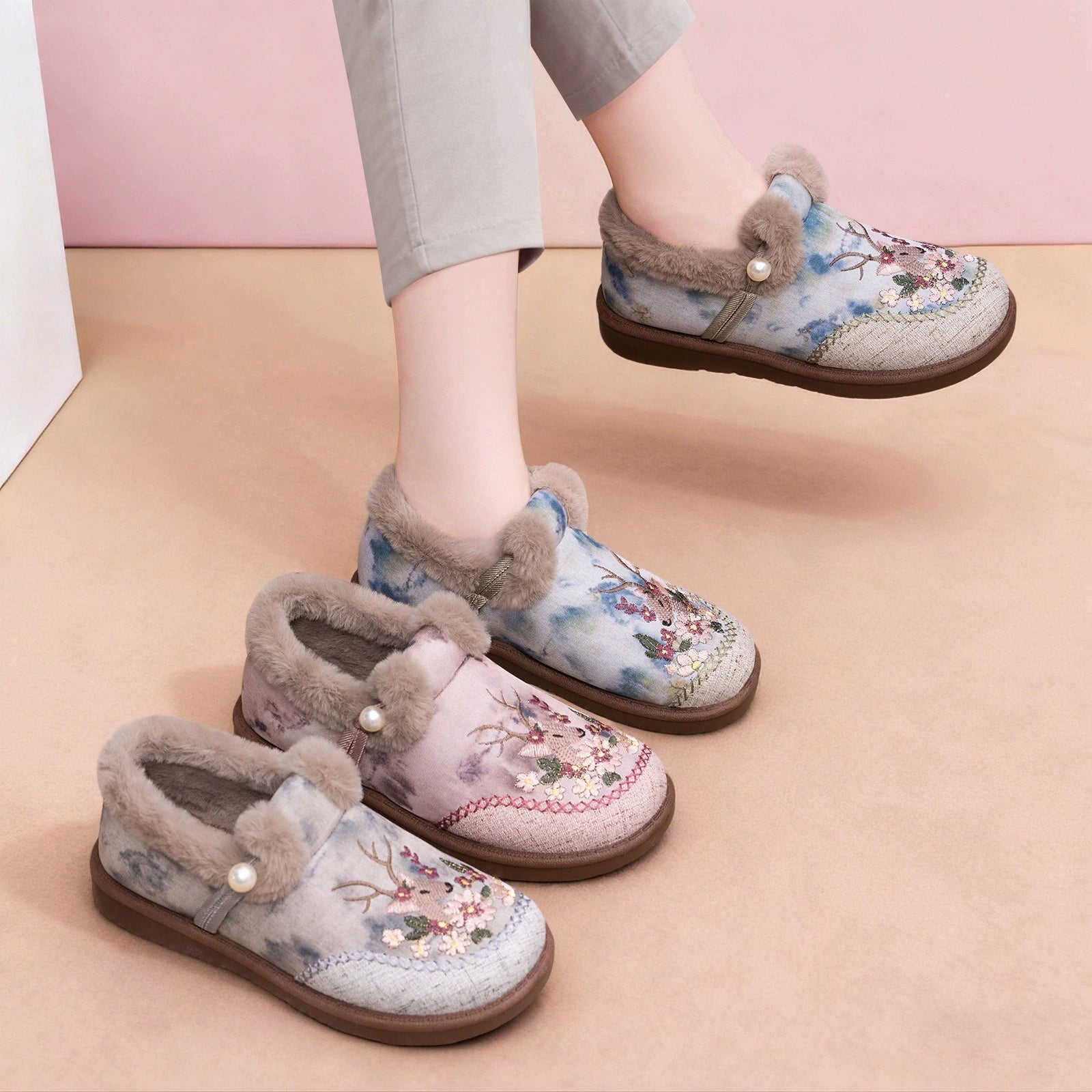 Floral Fleece-Lined Thick-Sole Winter Shoes