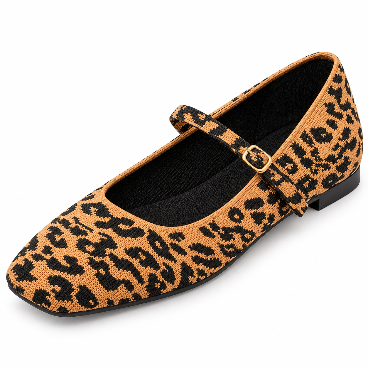 Square-Toe Knit Mary Jane Flats