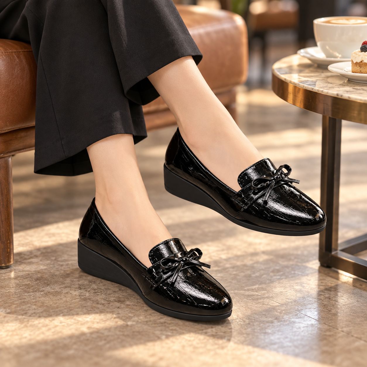 Patent Bow Wedge Loafers