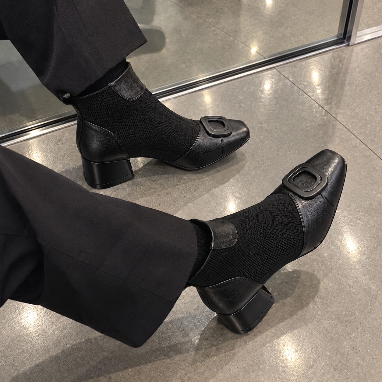 Retro Square-Buckle Block Heel Pumps