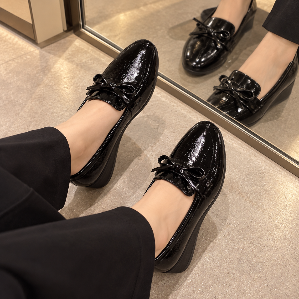 Patent Bow Wedge Loafers