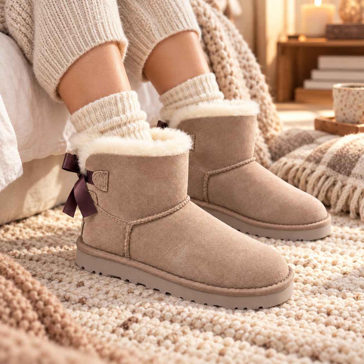 Sheepskin-Lined Bow Snow Boots