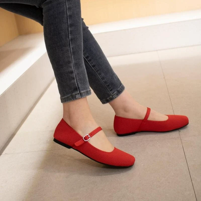 Square-Toe Knit Mary Jane Flats